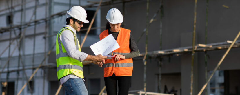 Professional Mechanical Engineer team Working on construction site.  Home building Project quality Inspection